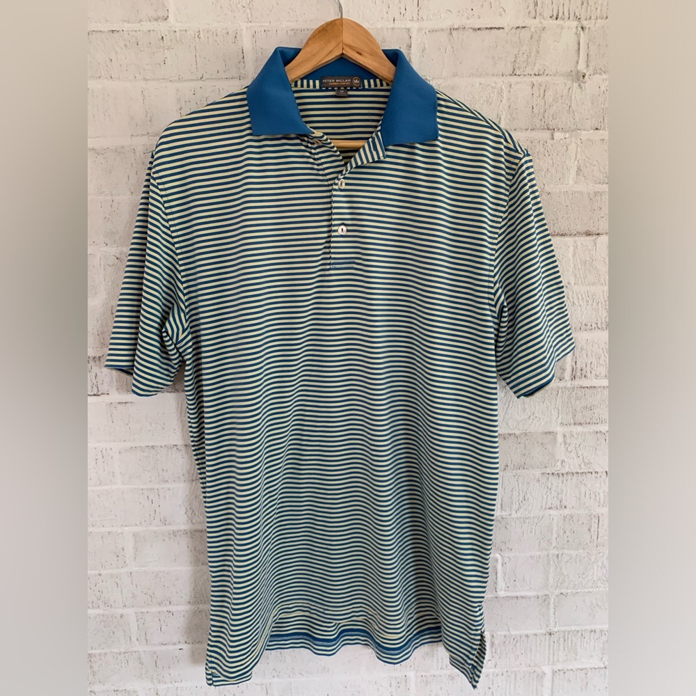 Peter Millar Blue and Yellow Striped Summer Comfort Polo Size Medium